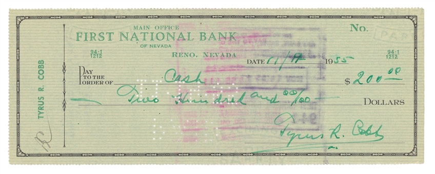 Ty Cobb Handwritten and Signed Check in Famous Green Ink (PSA/DNA MINT 9)